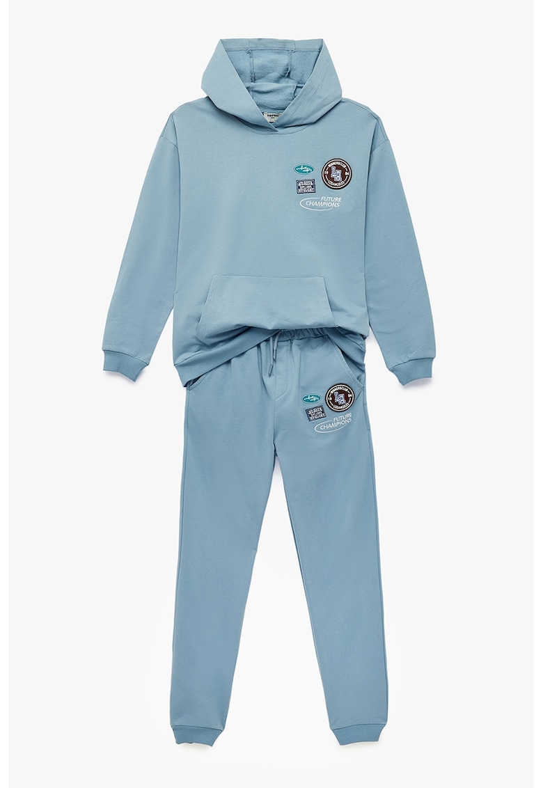 Set de hanorac de bumbac cu text brodat si pantaloni - 2 piese - Albastru deschis