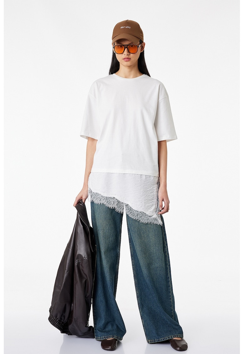 Tricou cu maneci medii si garnitura de dantela - Alb