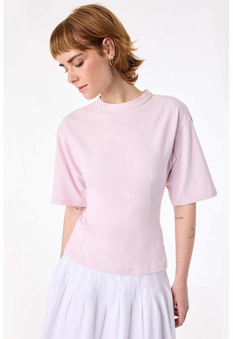 Tricou cu maneci medii si decupaj pe spate - Roz pastel