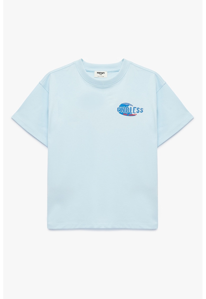 Tricou cu imprimeu si decolteu la baza gatului - Albastru glaciar