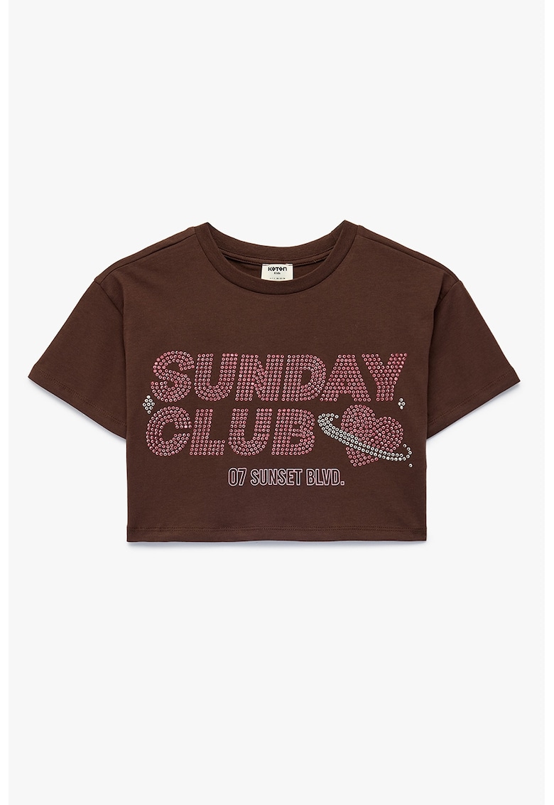 Tricou crop cu imprimeu text cu strasuri - Maro cognac