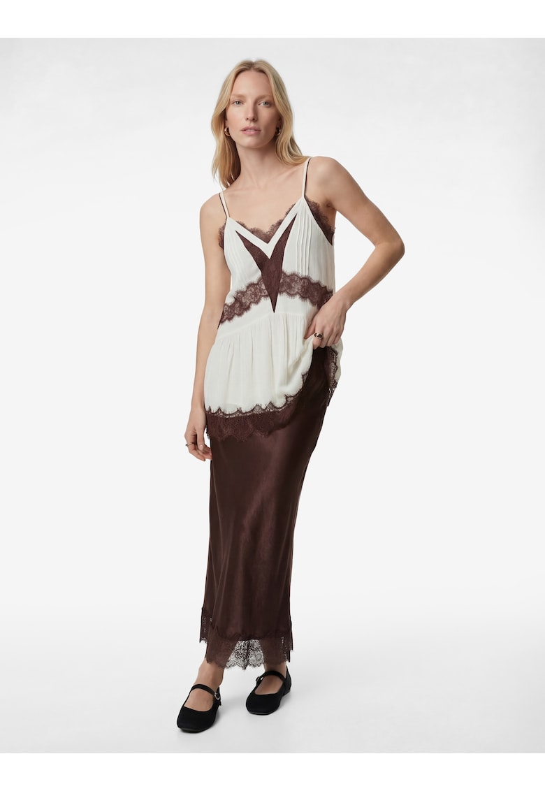 Fusta midi de satin cu dantela - Maro inchis