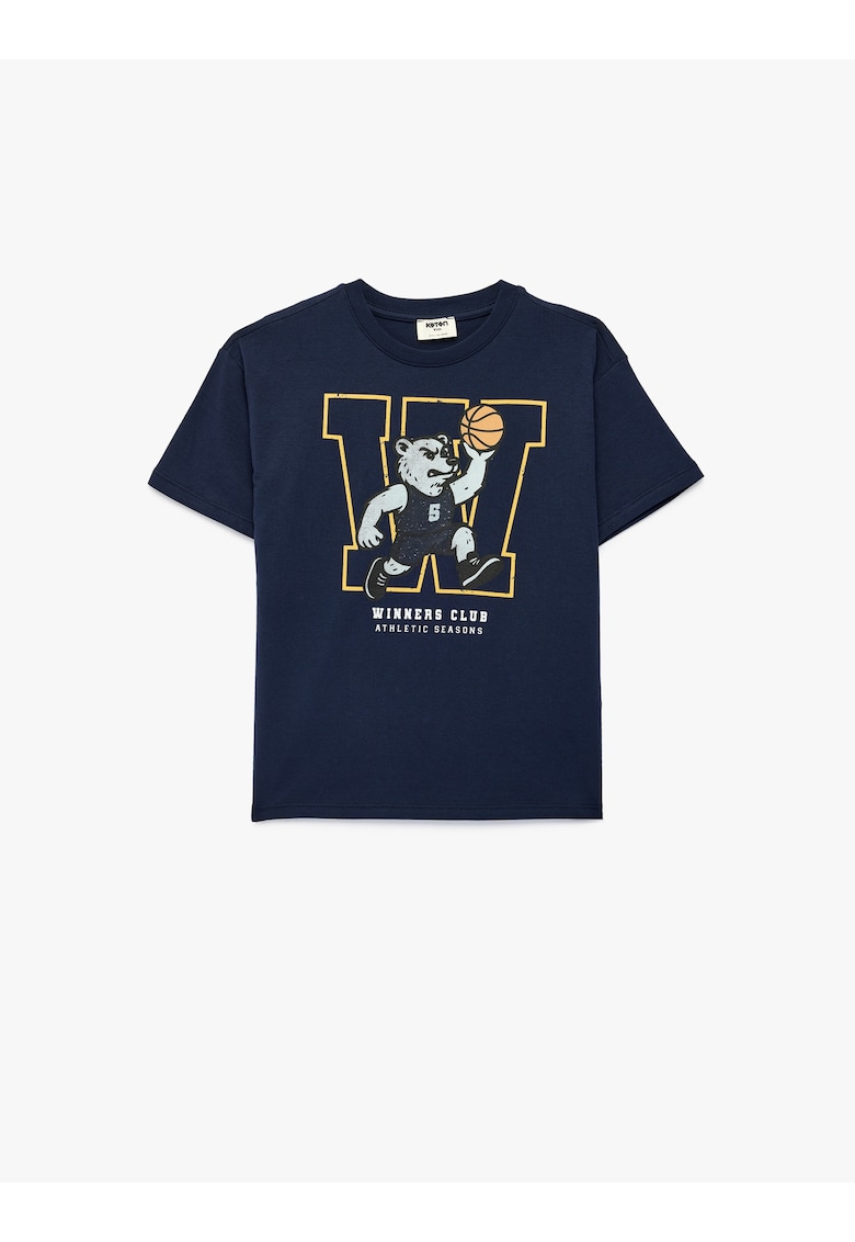 Tricou cu decolteu la baza gatului si imprimeu grafic - Galben sofran/Portocaliu pal/Bleumarin