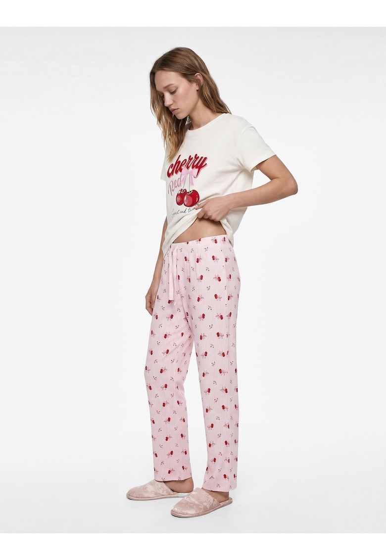 Pijama de bumbac cu text si imprimeu cu fructe - Roz deschis/Rosu vermillion/Alb murdar