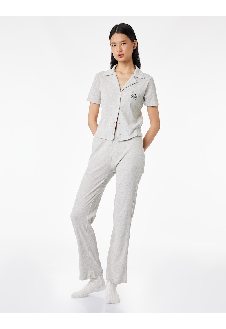 Pijama din amestec de bumbac cu camasa - Gri deschis