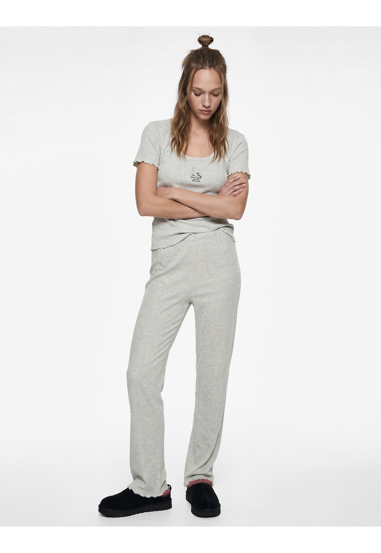 Pijama din amestec de bumbac cu decolteu rotund - Gri deschis