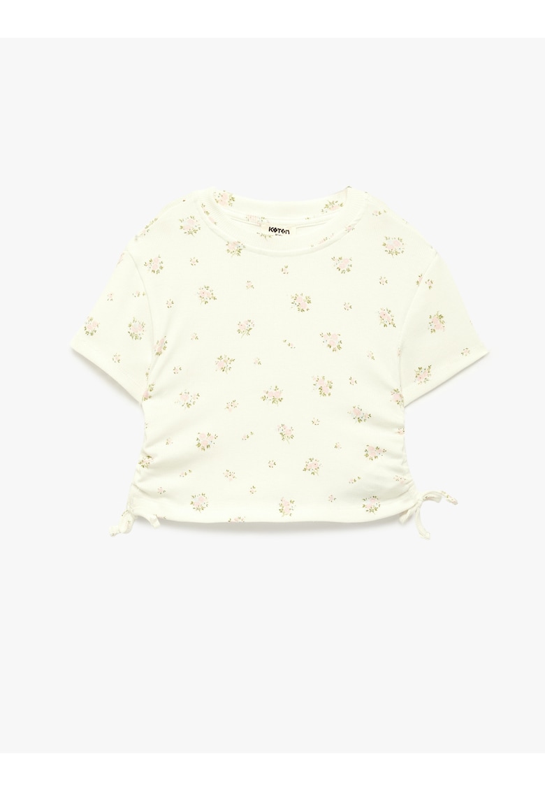 Tricou cu decolteu rotund si design floral - Roz pal/Crem