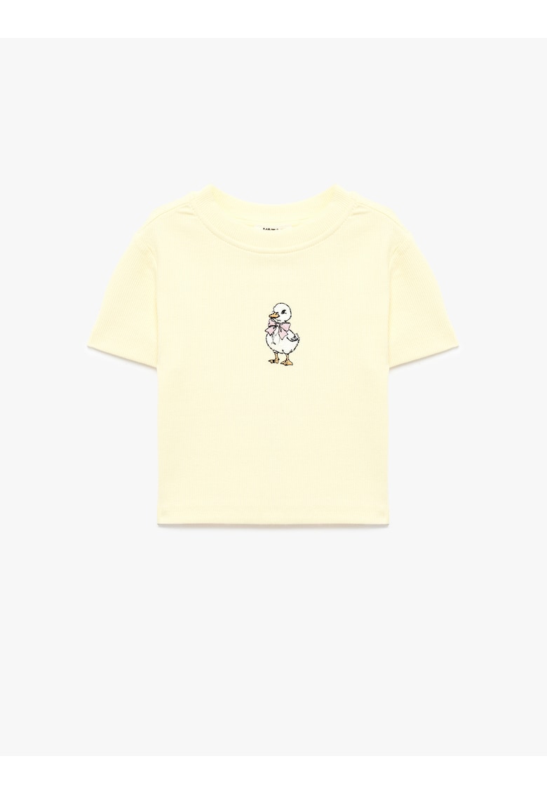 Tricou din amestec de bumbac cu decolteu la baza gatului - Alb/Roz pastel/Galben pal