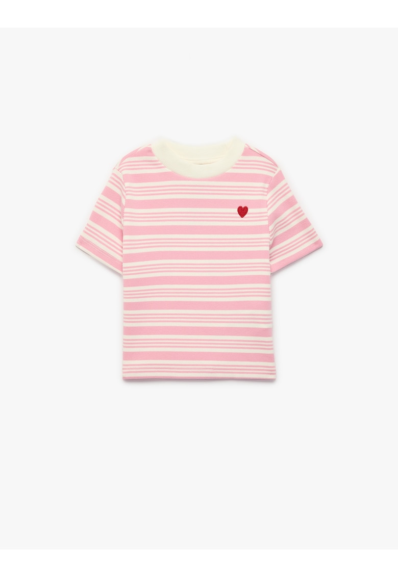 Tricou cu inima brodata si dungi - Rosu/Roz deschis/Bej deschis
