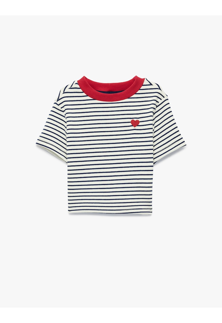 Tricou slim-fit cu inima brodata si dungi - Alb/Negru/Rosu vermillion