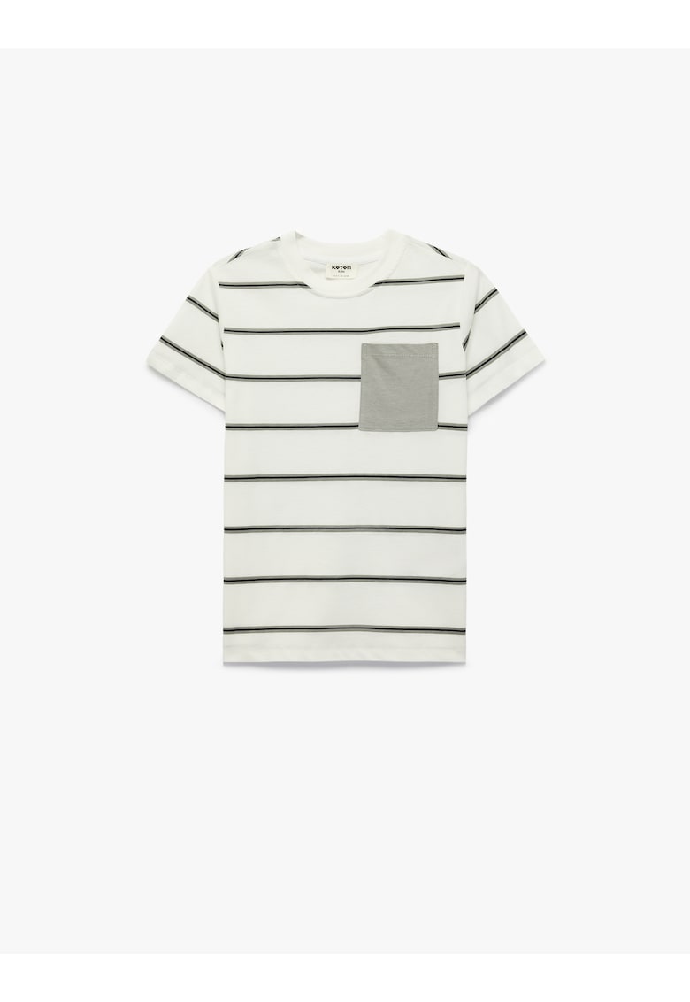 Tricou cu decolteu la baza gatului si dungi - Alb/Gri deschis/Negru stins