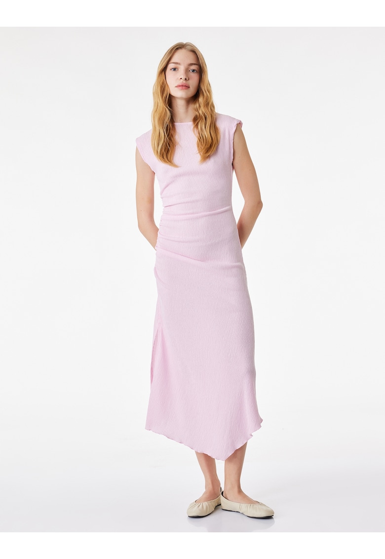 Rochie midi cu croiala asimetrica si slit lateral - Roz pastel