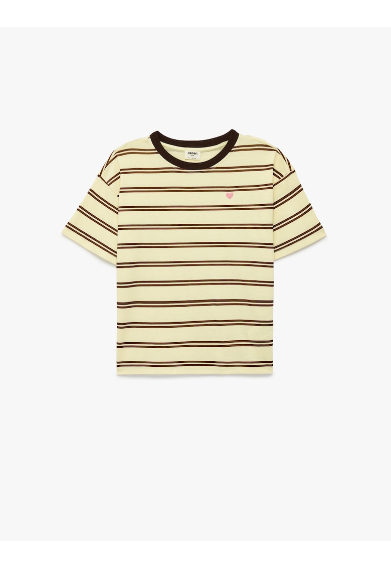 Tricou cu inima brodata si dungi - Maro/Bej deschis