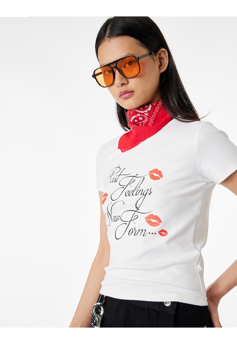 Tricou slim-fit cu imprimeu - Coral/Negru stins/Alb optic