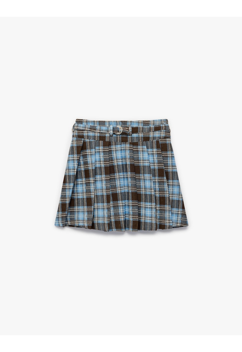 Fusta mini evazata cu model in carouri - Maro inchis/Albastru lavanda