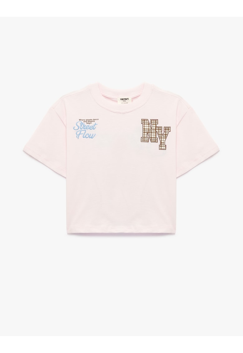 Tricou din bumbac cu imprimeu text - Albastru pastel/Roz deschis/Maro pamantiu