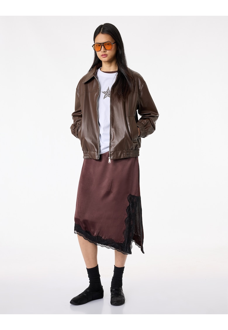 Fusta asimetrica din satin - Maro cognac/Negru stins