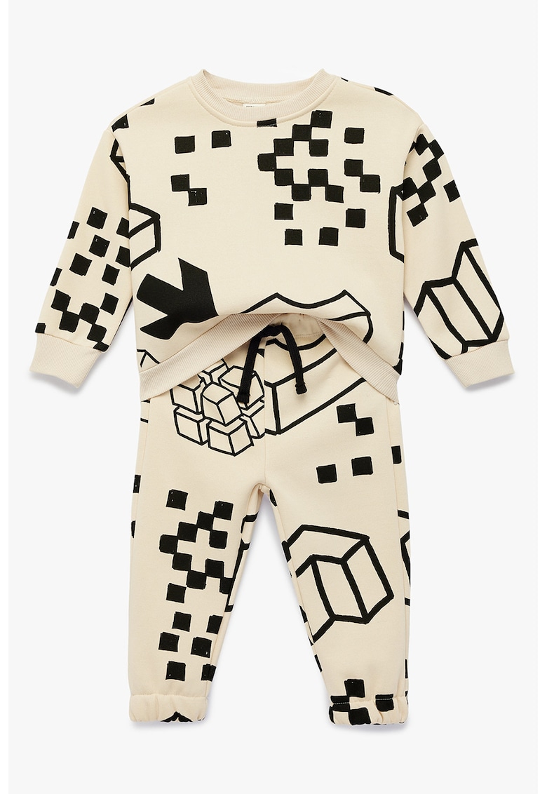 Set de bluza de trening din amestec de bumbac cu imprimeu si pantaloni cu snur-2 piese - Negru/Bej