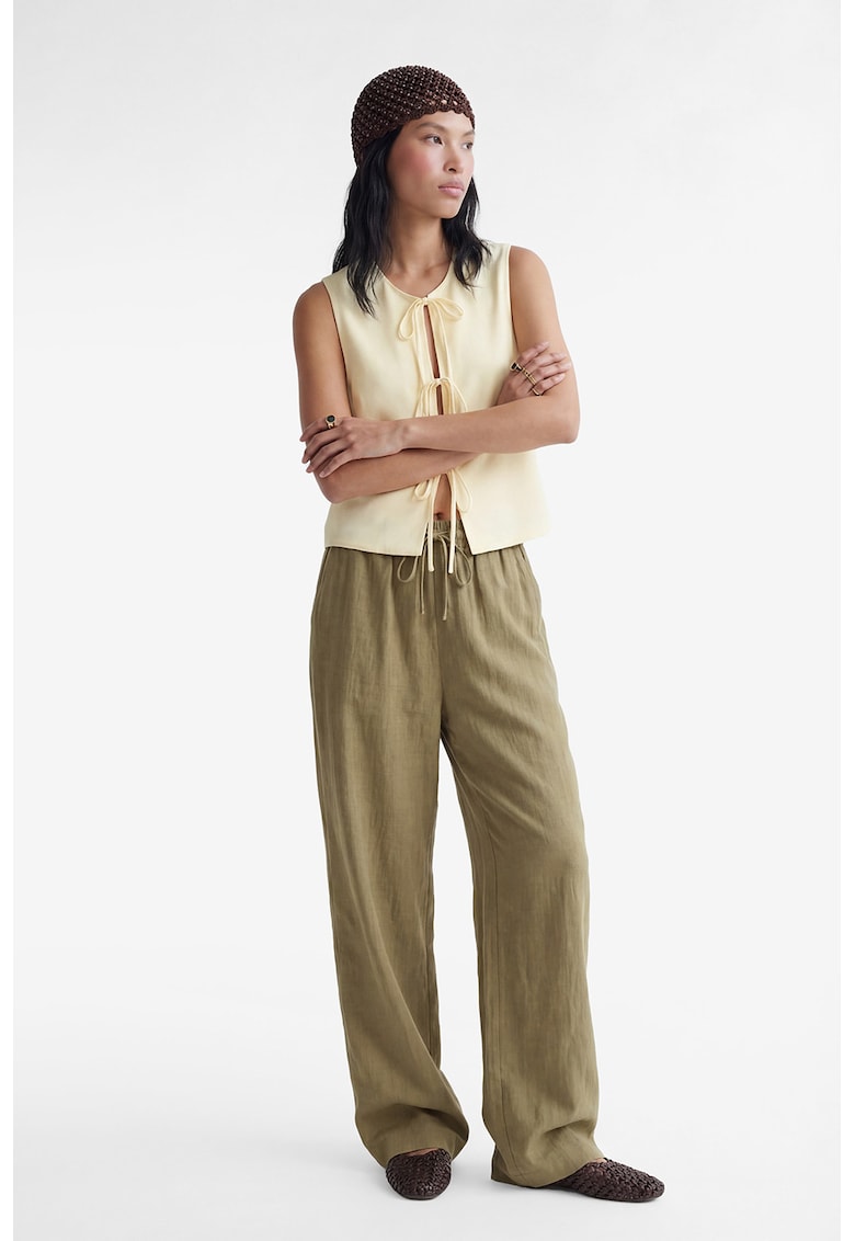 Pantaloni din amestec de in cu snur si croiala ampla - Verde masliniu