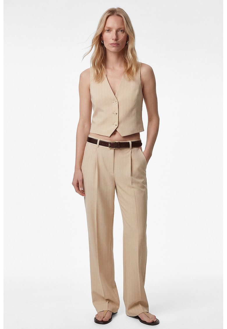 Pantaloni drepti cu pliuri si talie joasa - Bej deschis