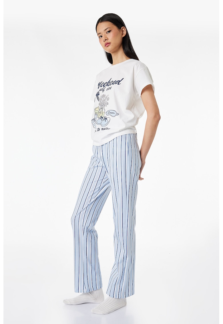 Pijama de bumbac cu dungi si imprimeu grafic - Albastru pastel/Alb murdar