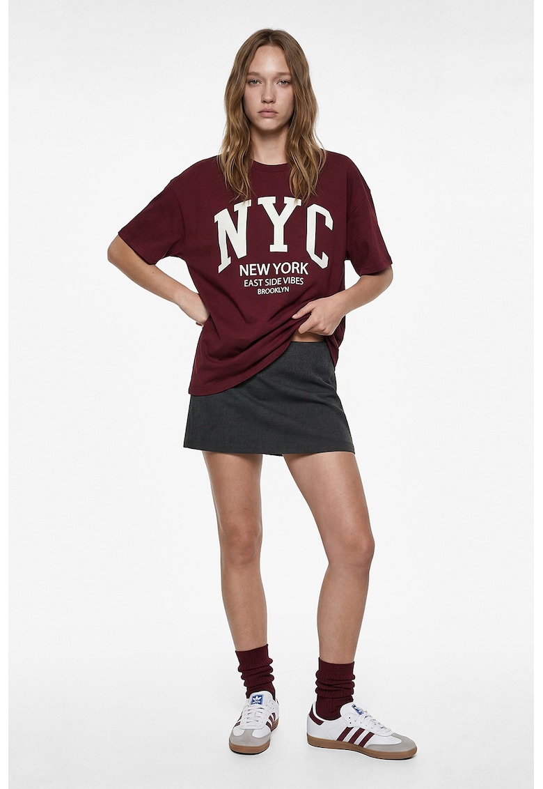 Tricou de bumbac cu imprimeu - Rosu inchis/Alb optic