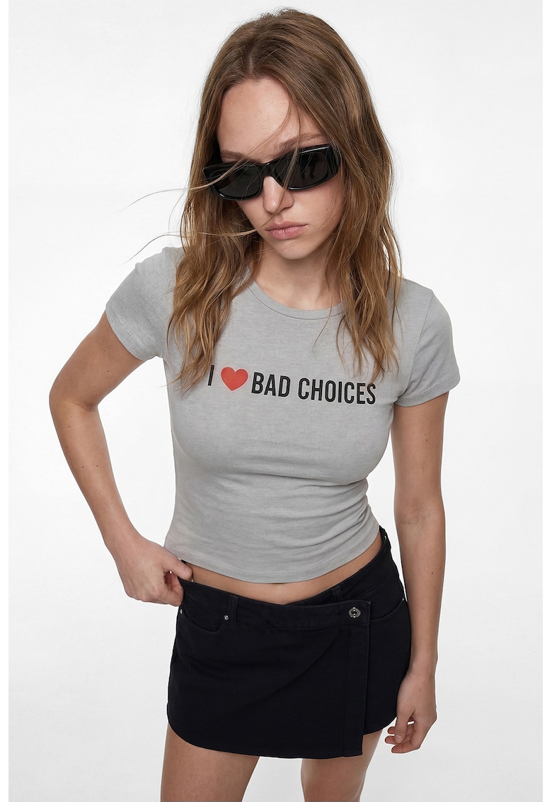 Tricou din amestec de bumbac cu imprimeu - Gri deschis melange