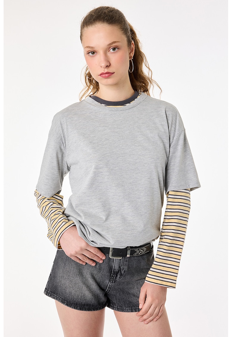 Tricou din bumbac cu aplicatii cu paiete - Gri deschis melange