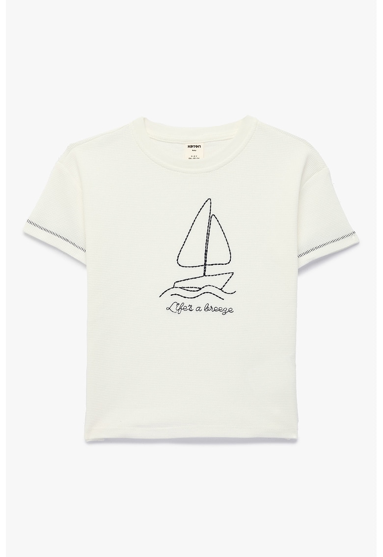 Tricou de bumbac cu broderie - Negru stins/Alb murdar