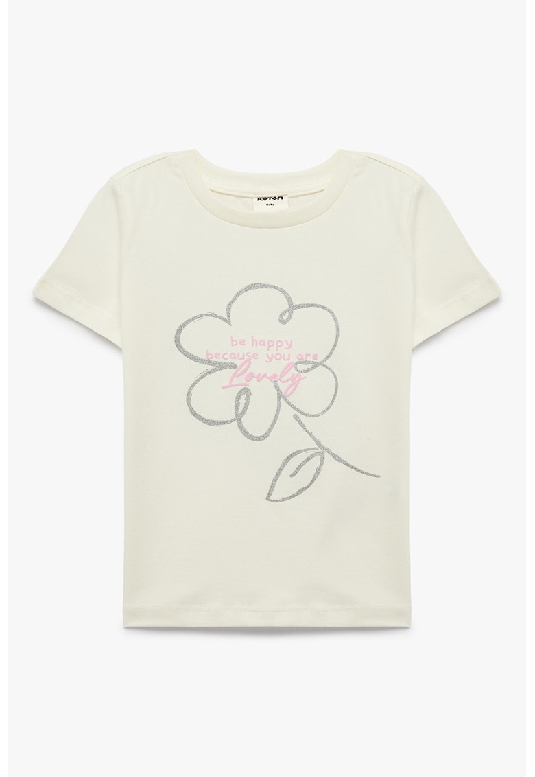 Tricou de bumbac cu imprimeu text si floare - Bej deschis