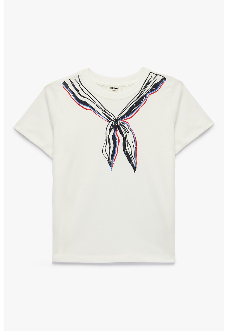 Tricou cu imprimeu si decolteu la baza gatului - Negru stins/Alb murdar