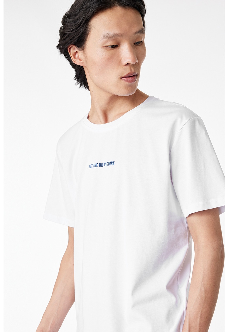 Tricou cu decolteu rotund si imprimeu text - Alb optic