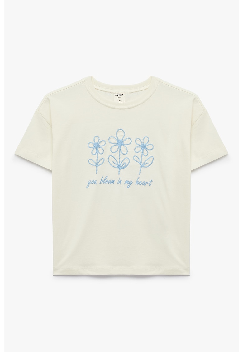 Tricou de bumbac cu text brodat si flori - Albastru pastel/Verde pal
