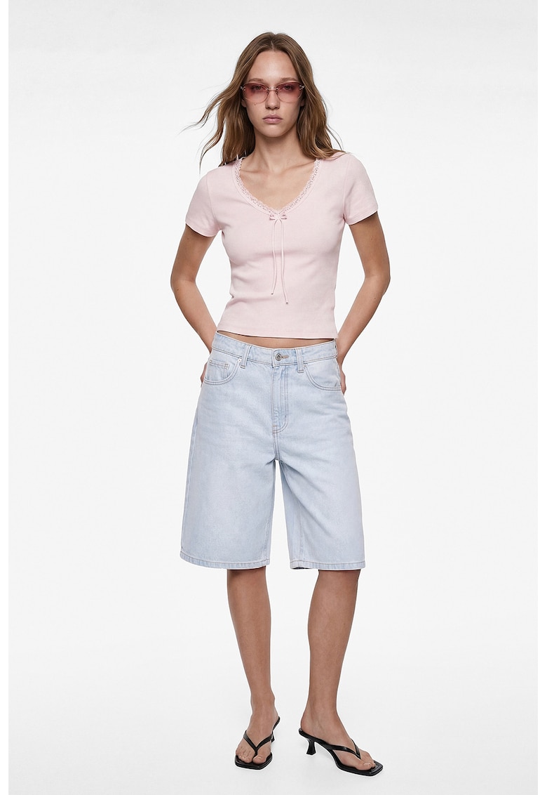 Tricou crop cu decolteu in V - Roz pastel