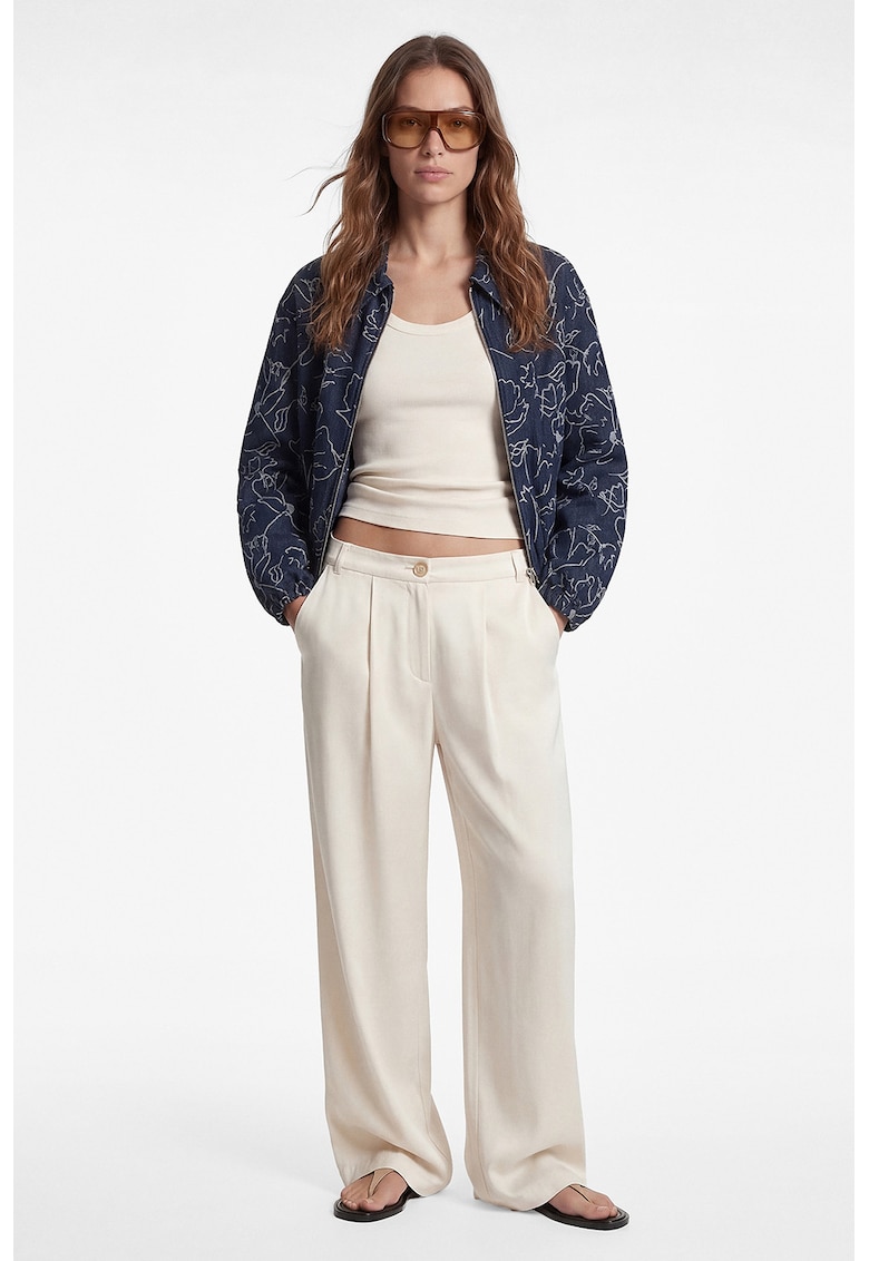 Jacheta bomber cu model floral si guler clasic - Albastru inchis/Alb optic