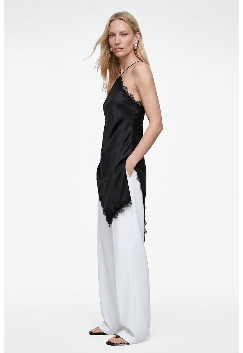Rochie de satin cu insertii de dantela - Negru