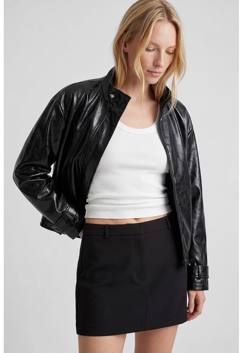 Fusta-pantalon mini uni cu talie medie - Negru