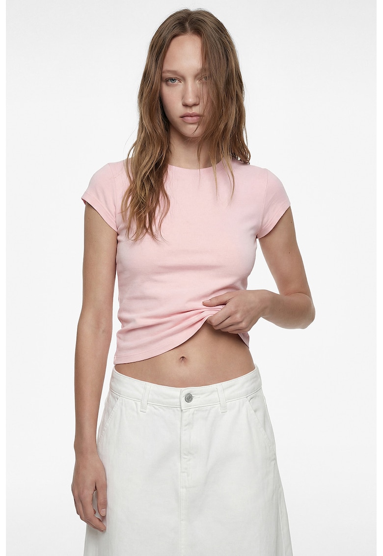 Tricou uni slim fit - Roz pastel