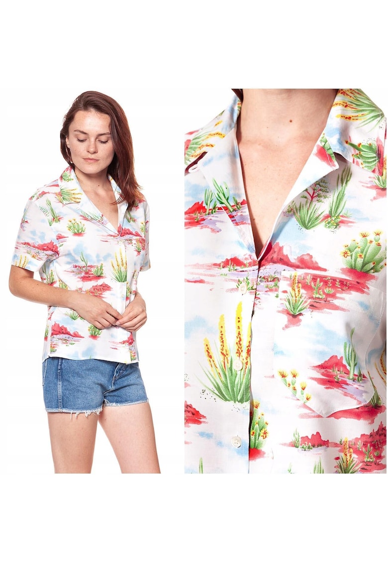 Camasa Dama Maneca Scurta - CUBAN SHIRT - Croiala Larga Confortabila - Material Racoros 100% Vascoza - Ideala Pentru Vara - Design Relaxat Cu Buzunar - Stil Modern - Inchidere Nasturi - Alb - Alb