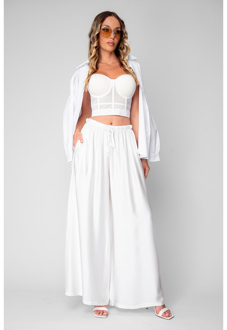 Pantaloni lung din mix de matase Alb optic