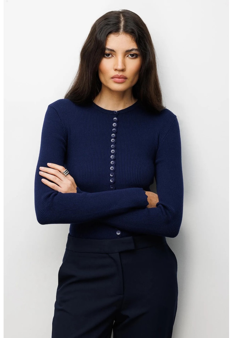 Cardigan tricotat cu nasturi albastru marin - poliester - maneci lungi -