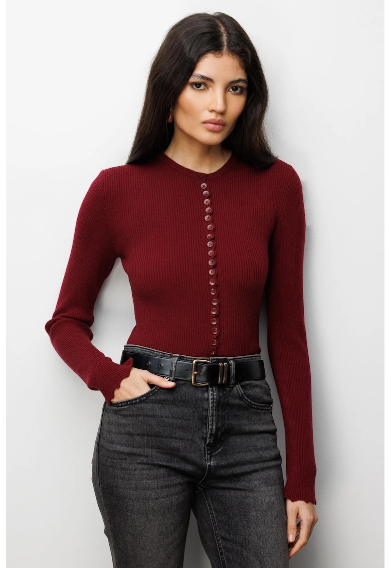 Cardigan tricotat cu nasturi - rosu burgund - poliester - maneci lungi -
