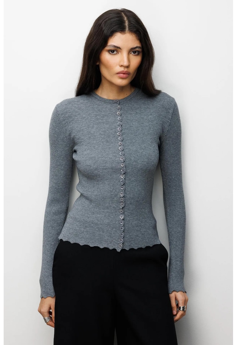 Cardigane - Femei - Cardigan tricotat reiat cu nasturi Gri - S -