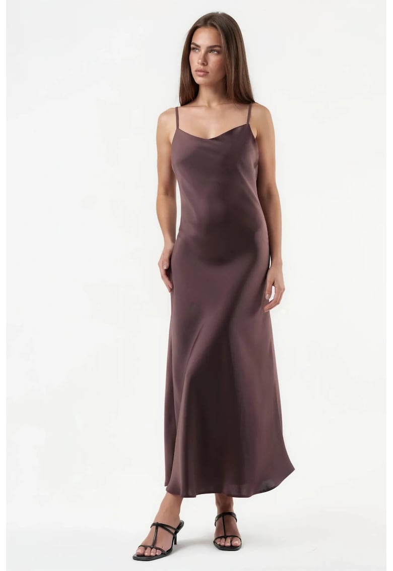 Rochie Midi - Satin - Decolteu in V - Maro Inchis