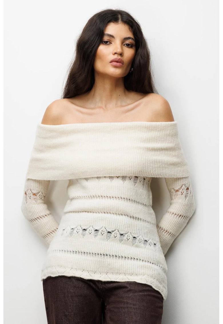 Pulover dama cu umeri goi - textura raiata - natural - 100% poliester - One Size INTL -