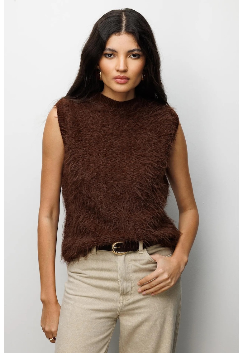 Pulover dama - vesta texturata - blana artificiala - maro cafea - poliester -