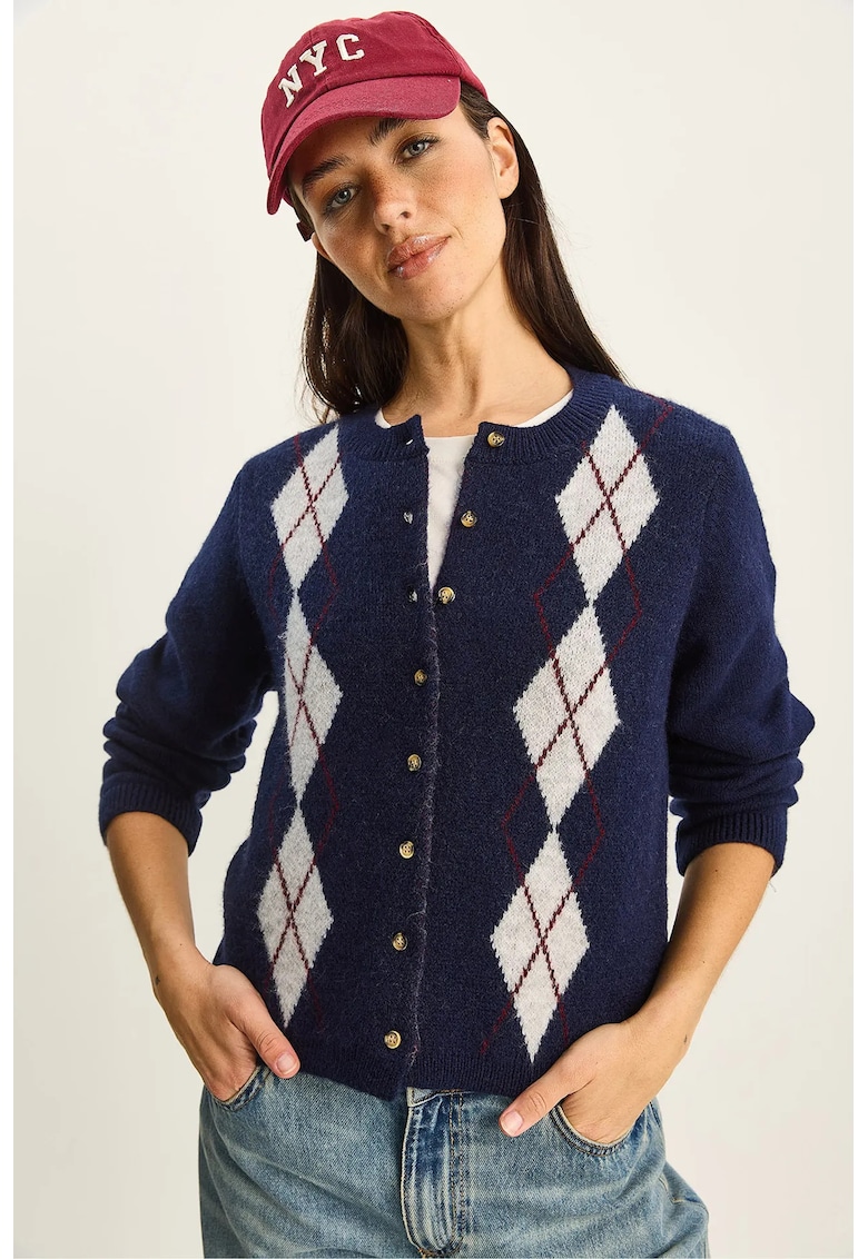 Cardigan model Argyle - bleumarin - tricotaj gros - inchidere cu nasturi -