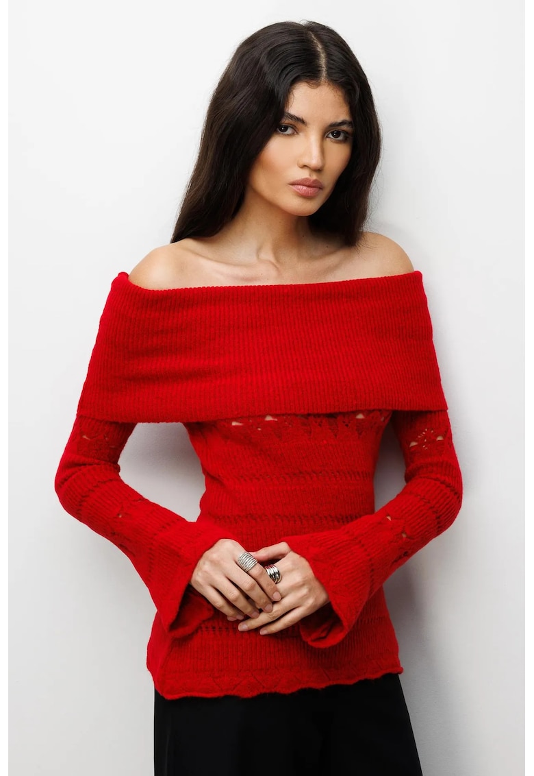 Pulover dama decupat - rosu - 100% poliester - One Size INTL -