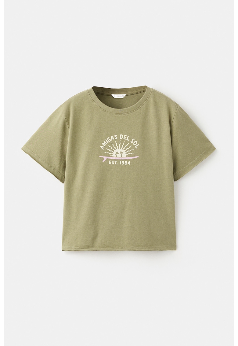 Tricou cu decolteu la baza gatului si imprimeu grafic - Kaki