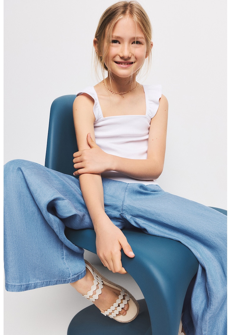 Pantaloni din material chambray cu talie ajustabila - Albastru deschis